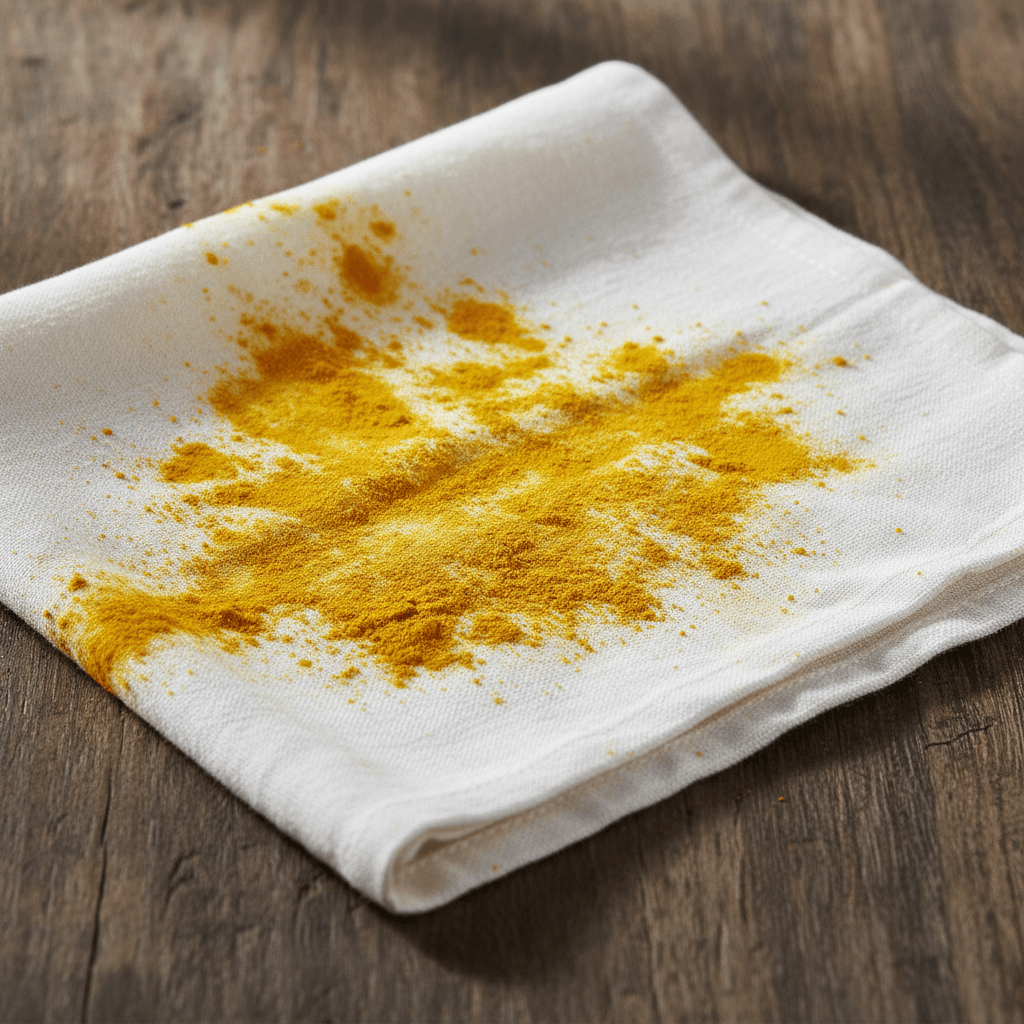 White cloth, turmeric splotches — before